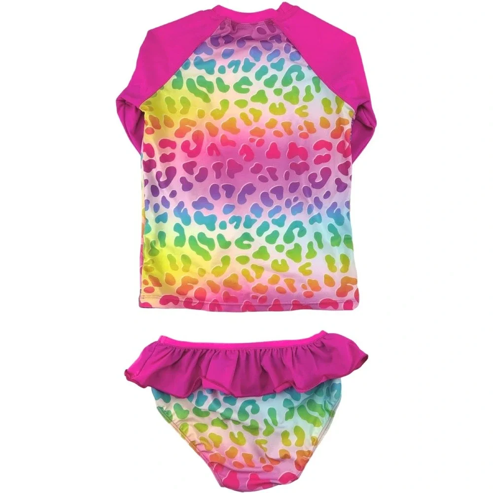 WhizBuzz Bathing Suit Girls 7 8 Rainbow Leopard Print Long‎ Sleeve Tankini 2pc